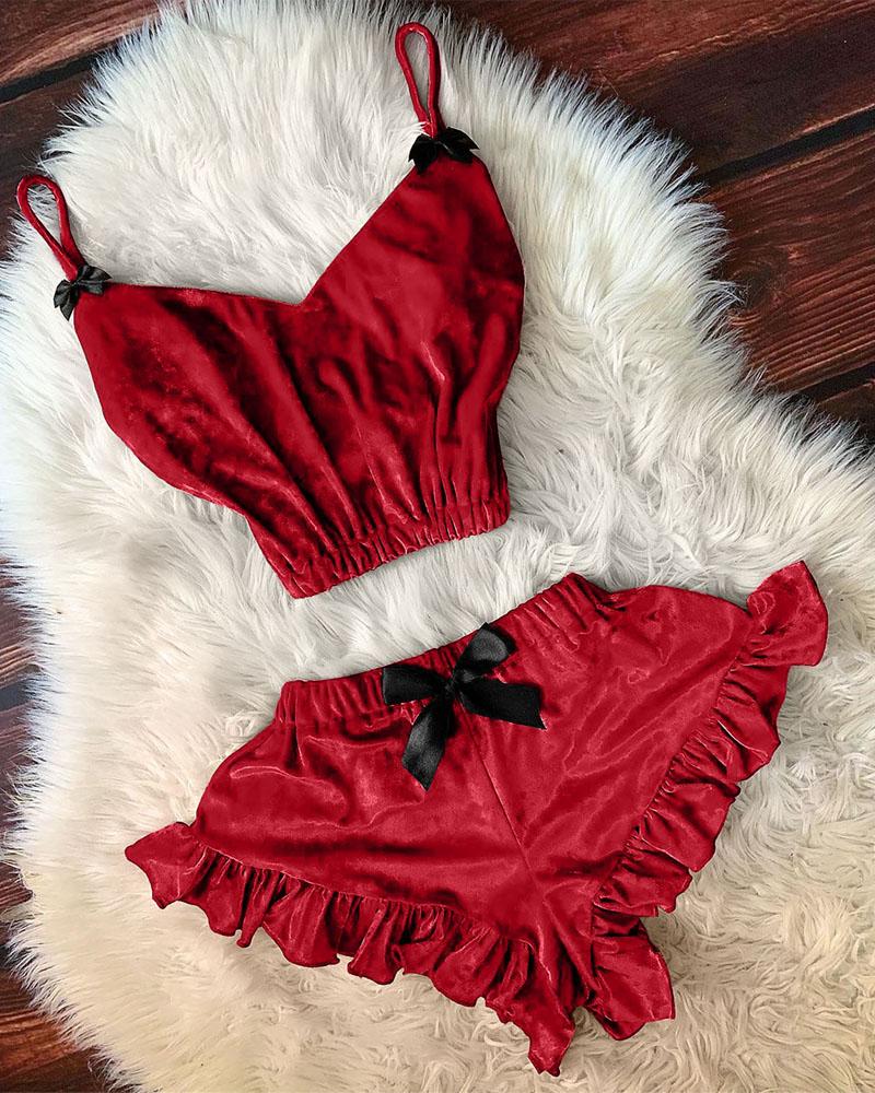 

Velvet Bowknot Decor Ruffle Hem Cami Set, Red