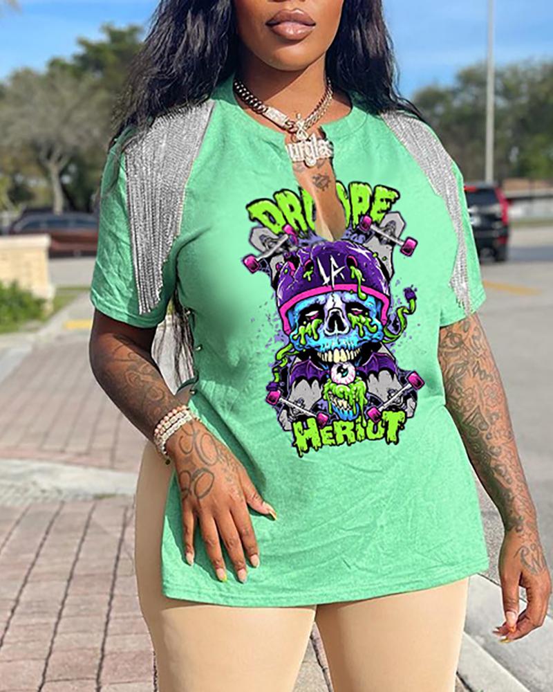 

Side Slit Tassel Cartoon Letter Print T-shirt, Green