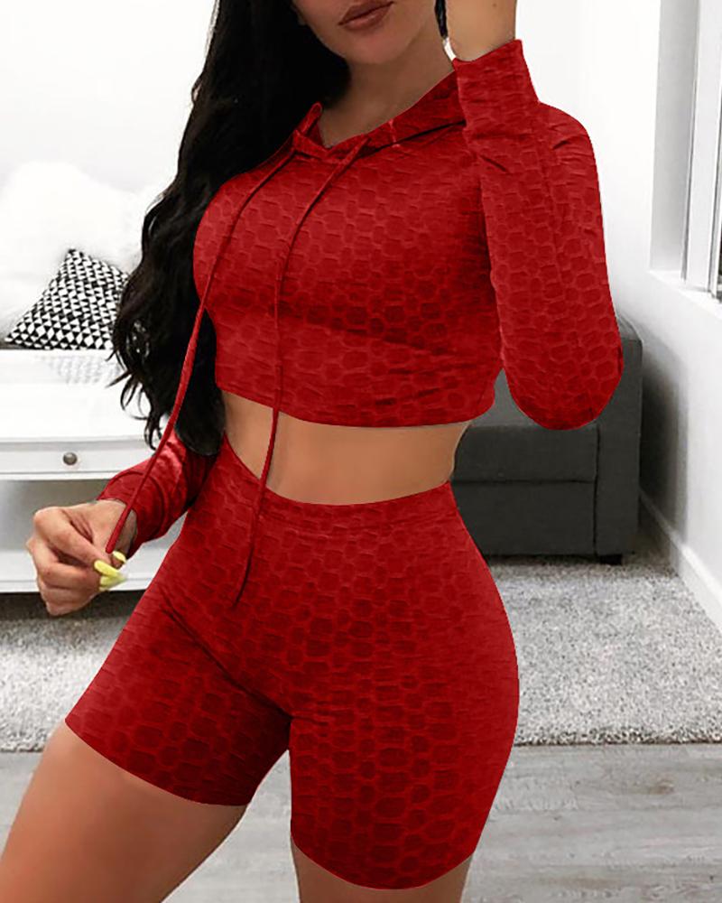 

Bubble Textured Long Sleeve High Waist Hooded Active Sets, Red