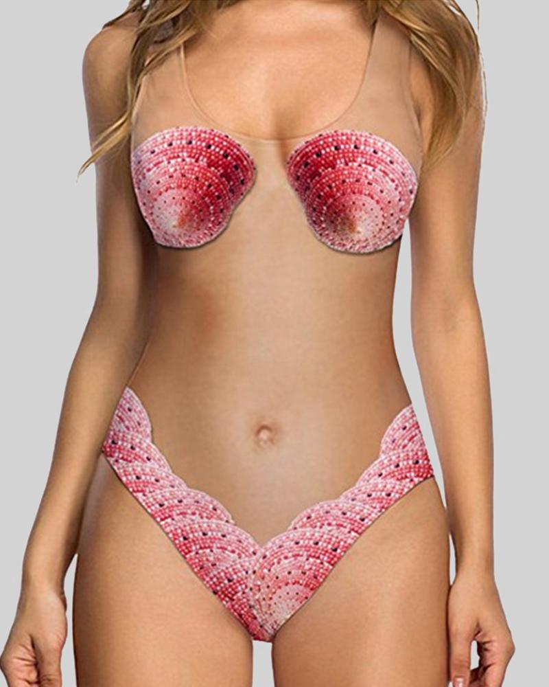 

Rouge Rose Print Strap Sleeveless Skinny Cut-out One-piece Swimwear, Pink