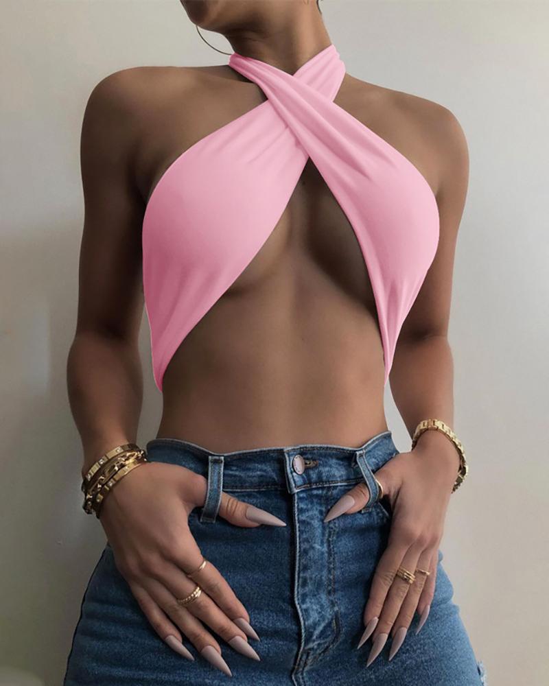 

Ruched Halter Cross Front Crop Top, Pink