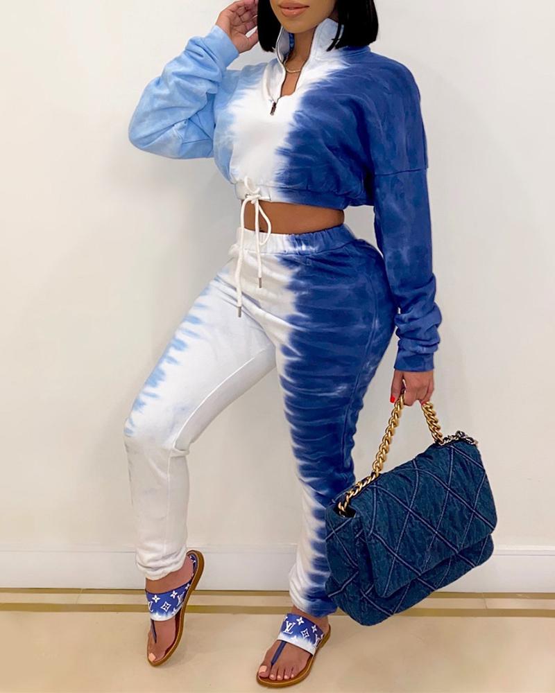 

Tie Dye Print Drawstring Crop Top & Pants Set, Dark blue