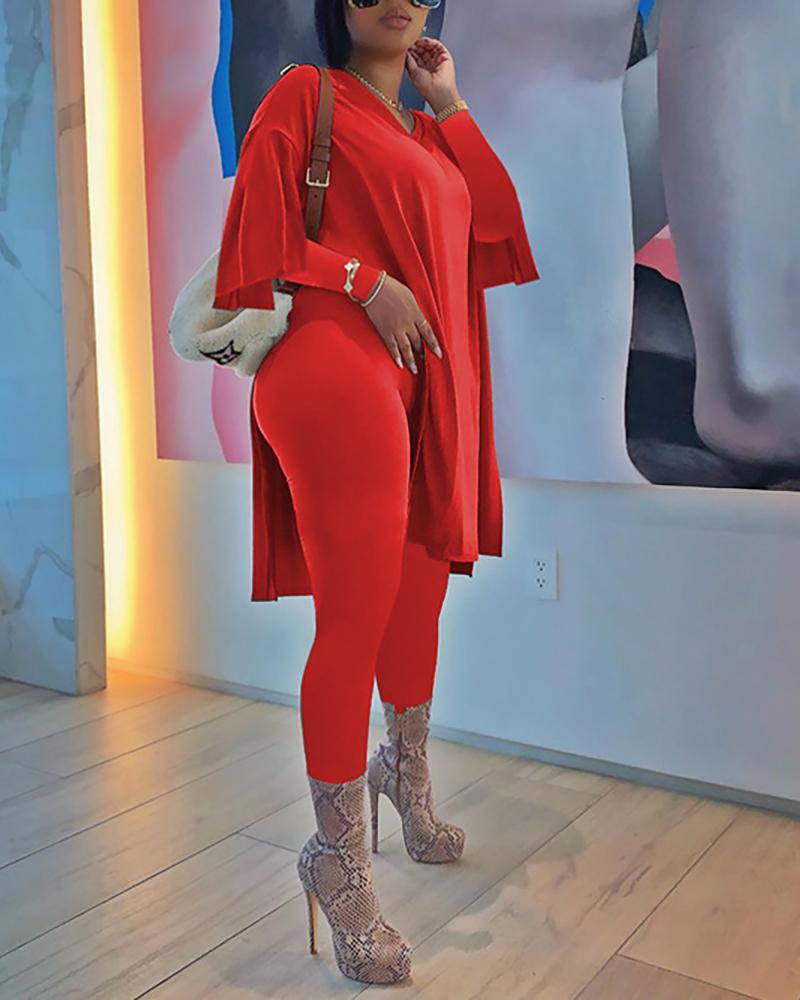 

Plain Slit Women Top & Pants Set, Red