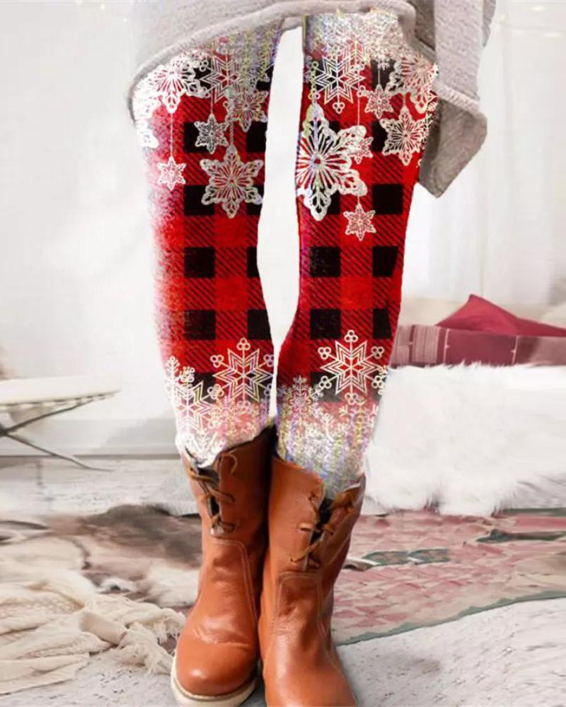 

Christmas Snowflake Plaid Print Leggings, Red