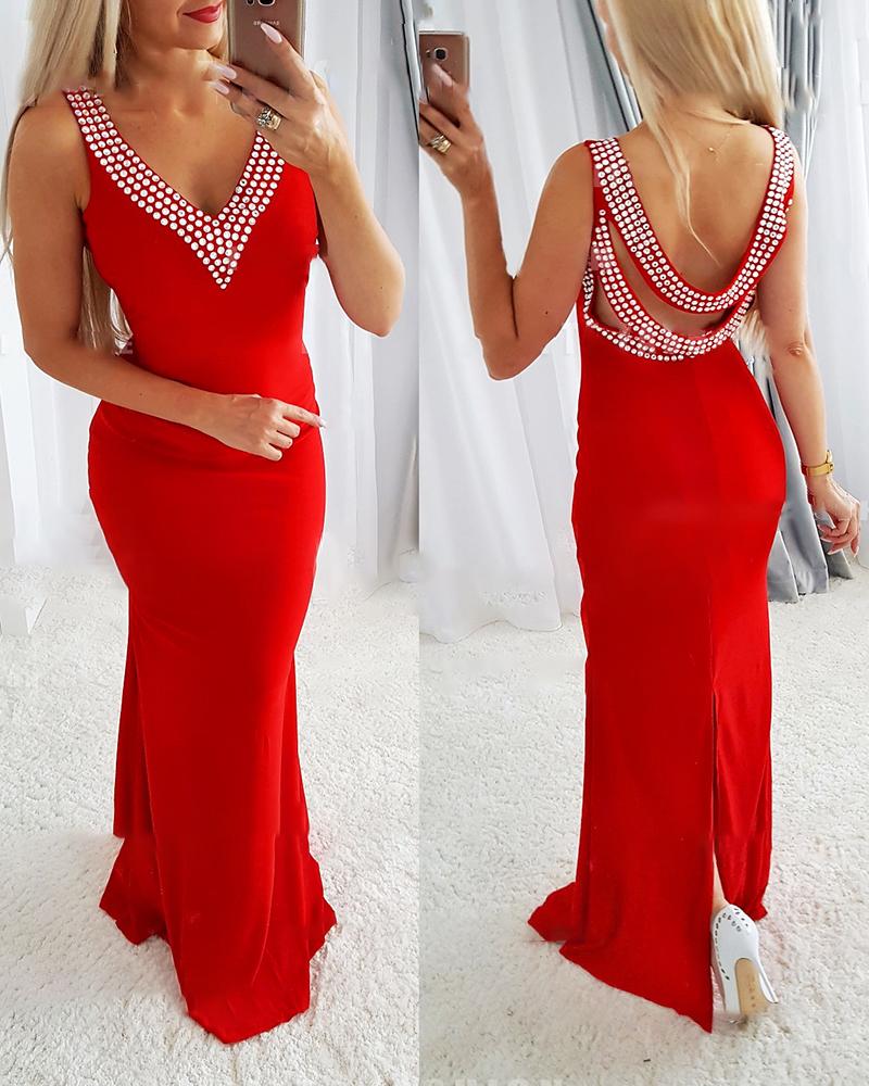 

Studded Cutout Sleeveless Slit Evening Dress, Red