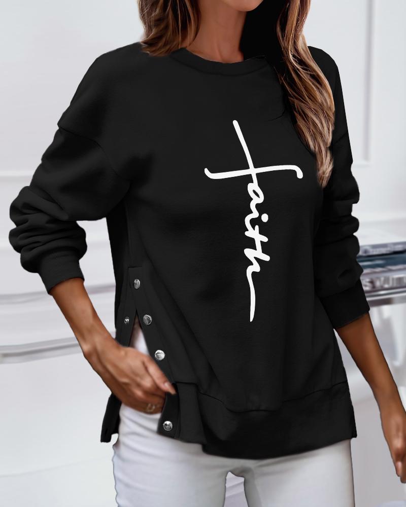 

Faith Print Long Sleeve Buttoned Sweatshirt, Black