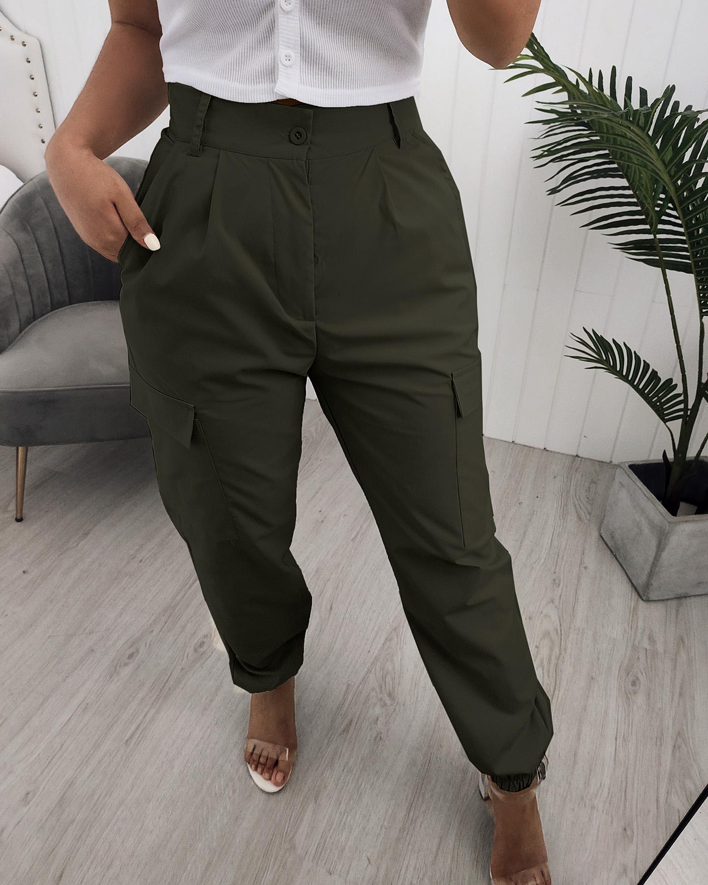 

Pocket Design High Waisted Casual Pants, Army green