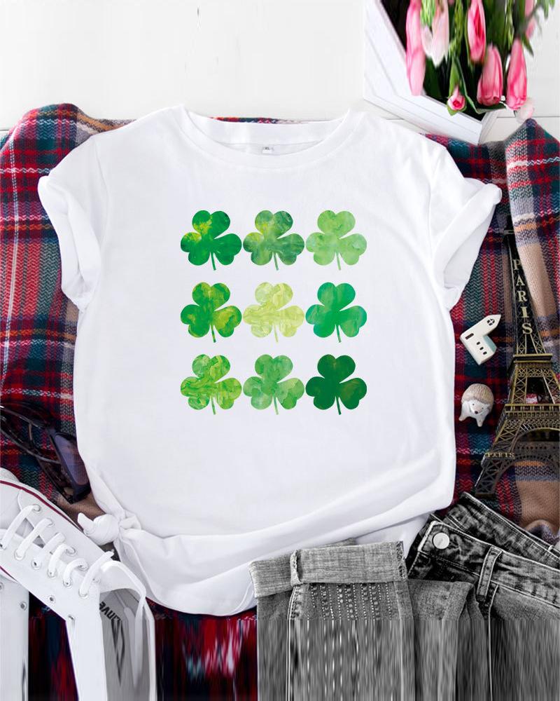 

St. Patrick' Day Clover Print Casual T-shirt, White