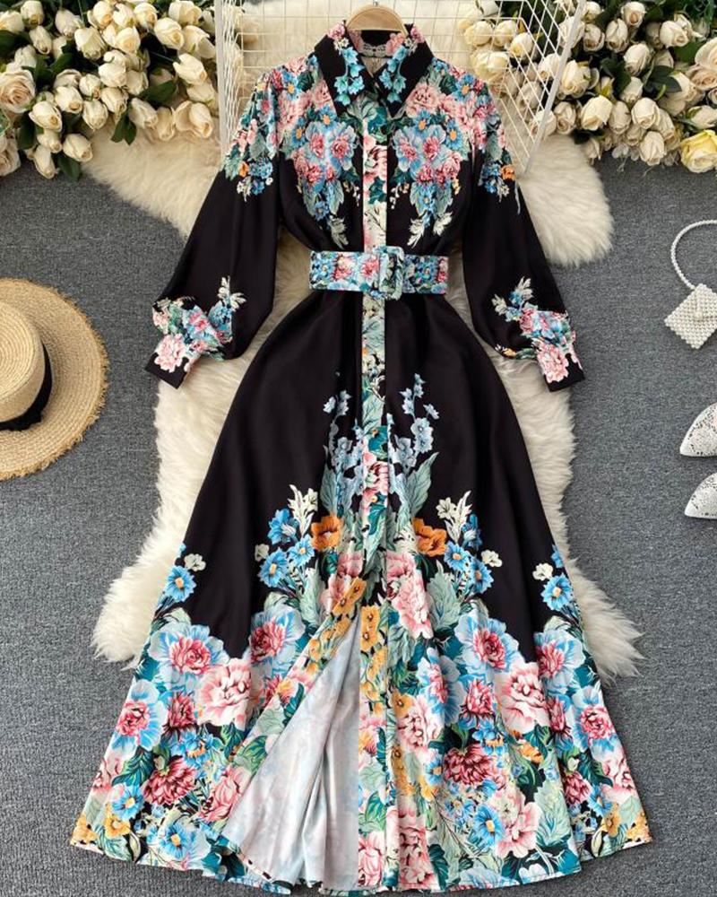 

Vintage All Over Print Long Sleeve Maxi Women Dress With Belt, Black