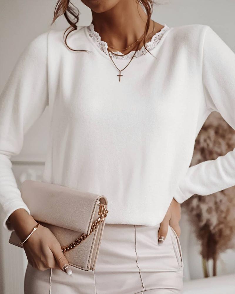 

Contrast Lace Knot Back Long Sleeve Top, White