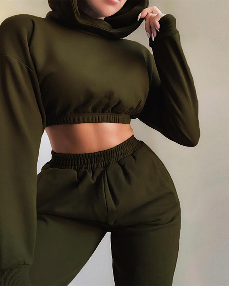 

Long Sleeve Hooded Sweatshirt & High Waist Pants Set, Green