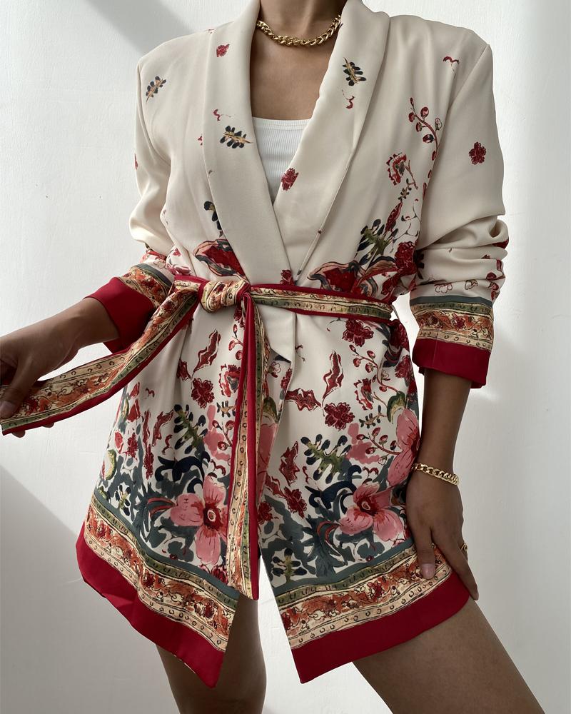 

Floral Print Long Sleeve Belted Blazer, Multicolor