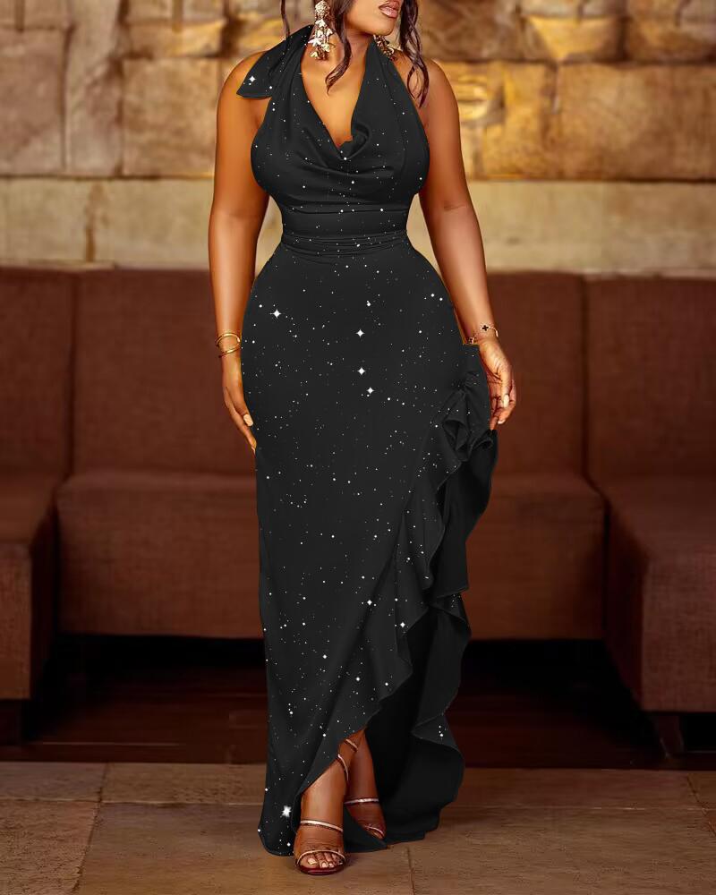 

Glitter Halter Cowl Neck Ruffles Slit Backless Party Dress, Black