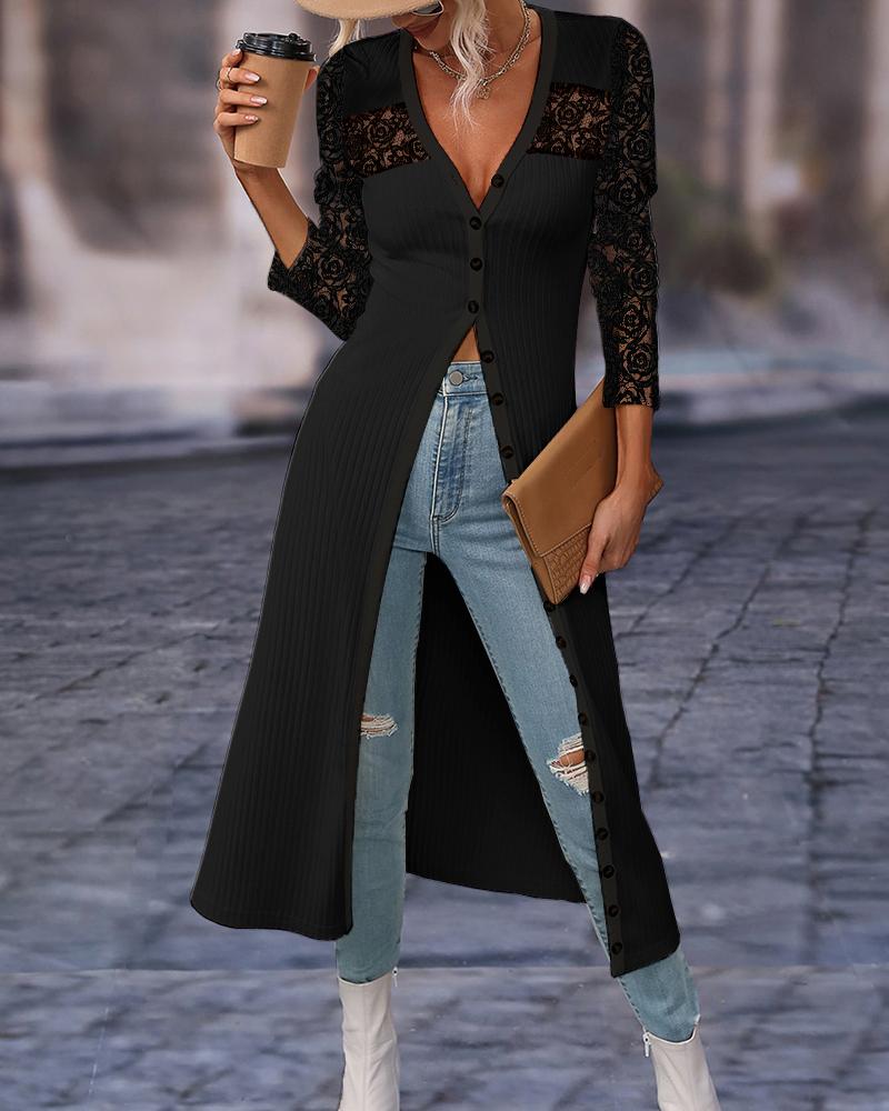 

Lace Patch Buttoned Longline Coat, Black