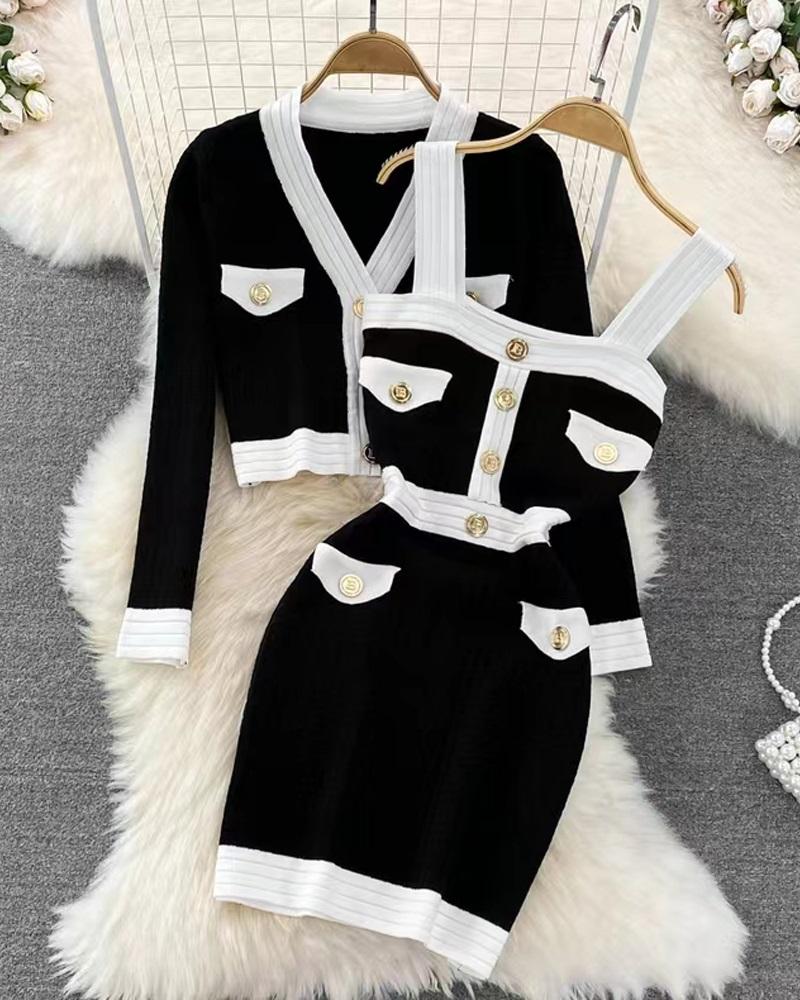 

Contrast Paneled Sleeveless Knit Dress & Buttoned Coat Set, Black