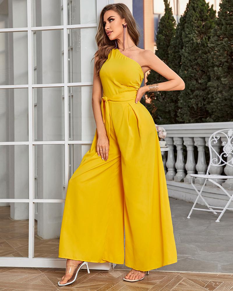 

One Shoulder Sleeveless Wide Leg Jumpsuit, Yellow