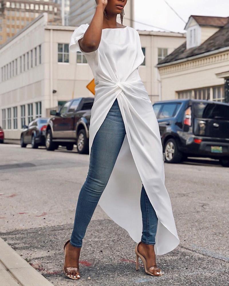 

Twist Decor Slit Short Sleeve Top, White