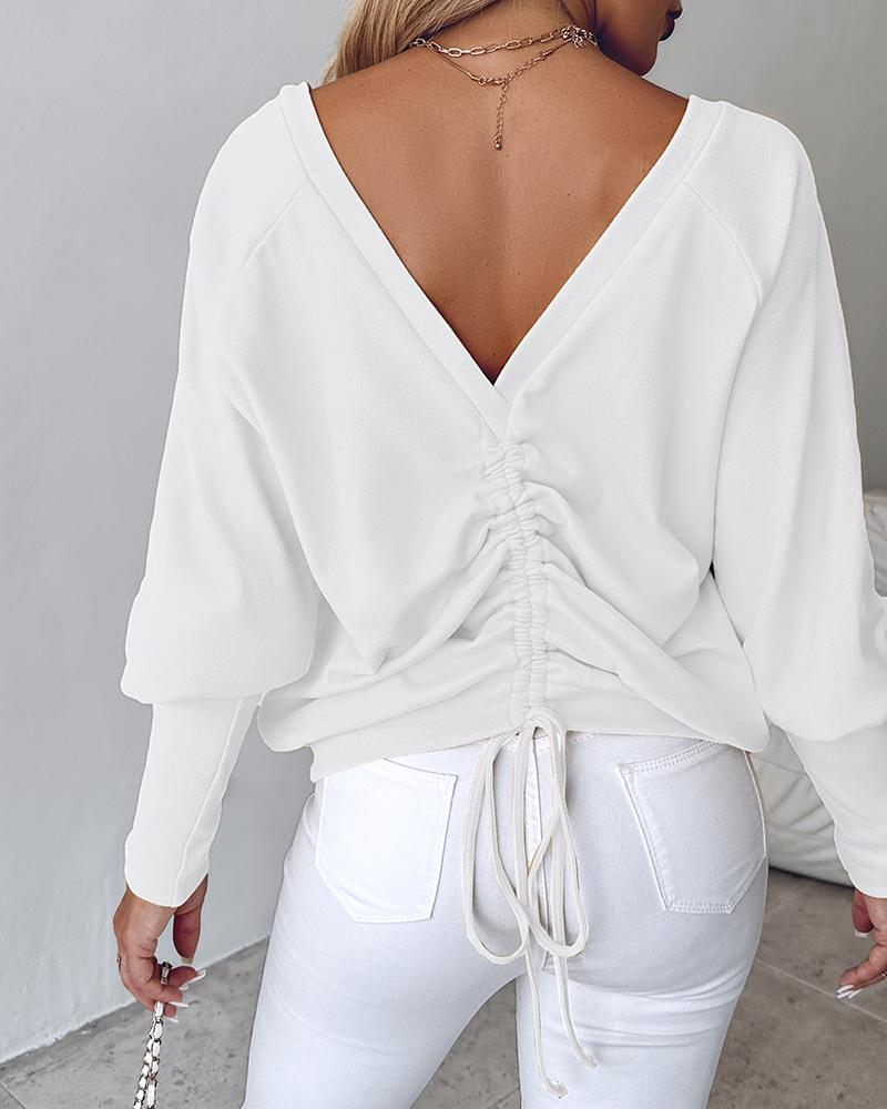 

V-Neck Gigot Sleeve Back Drawstring Top, White