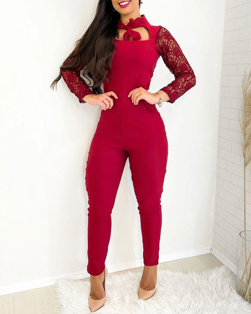 

Crochet Lace Patch Cutout Skinny Jumpsuit, Red
