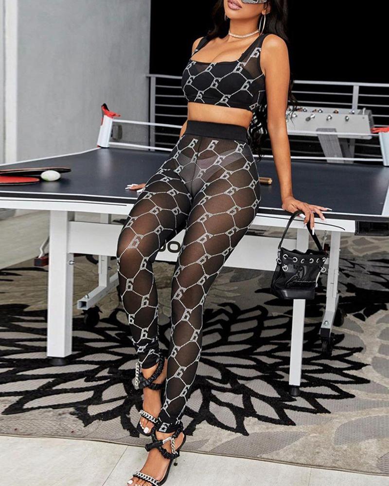 

Number Print Sheer Mesh Top & Pants Set, Black