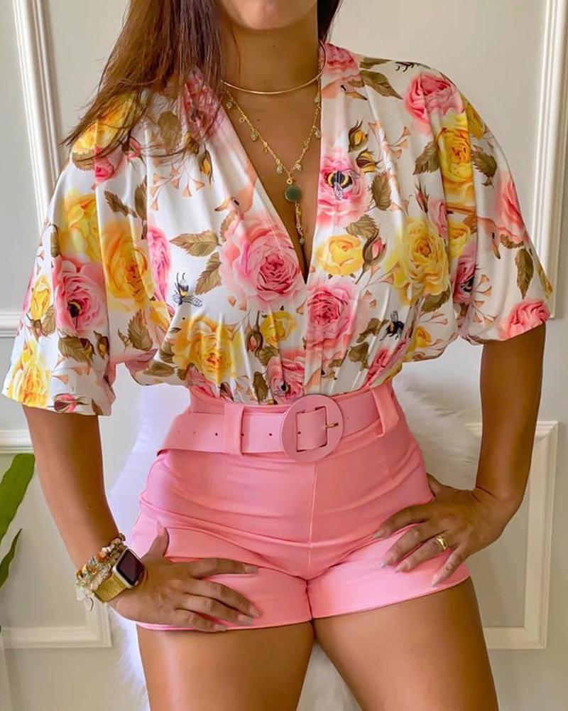 

Floral Print Half Sleeve Top & Shorts Set, Pink