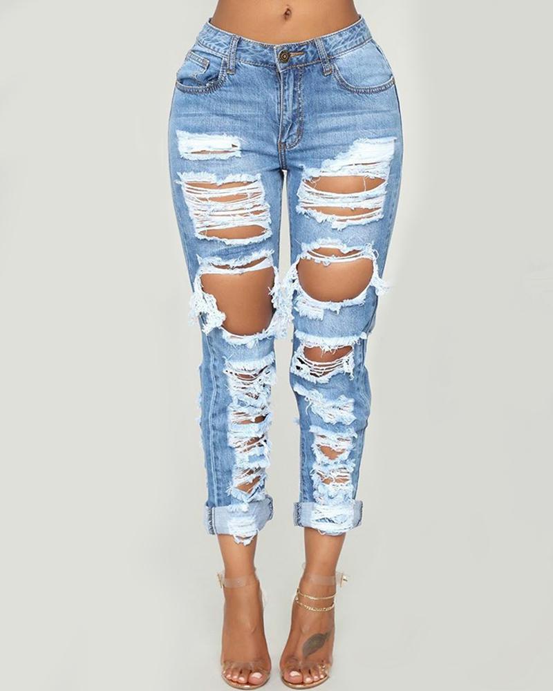 

Pockets Design Ladder Cutout Fringe Hem Denim Pants, Blue