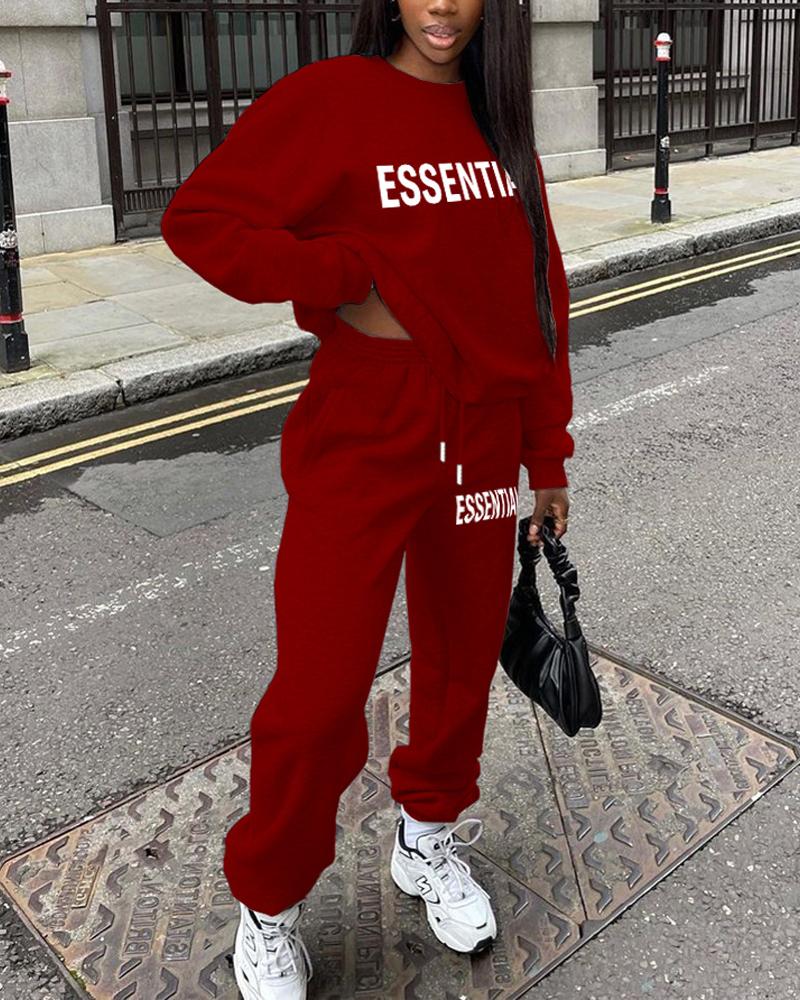 

Letter Print Long Sleeve Casual Top & Pants Set, Wine red