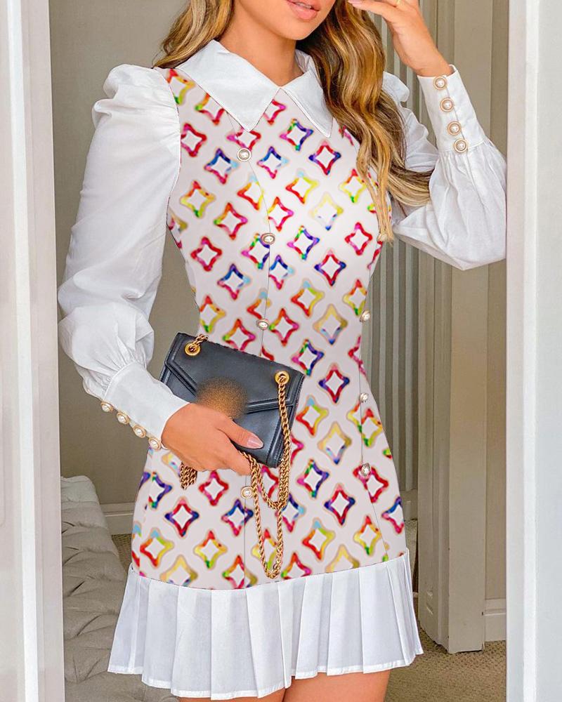 

Geo pattern Print Button Decor Puff Sleeve Dress, Multicolor