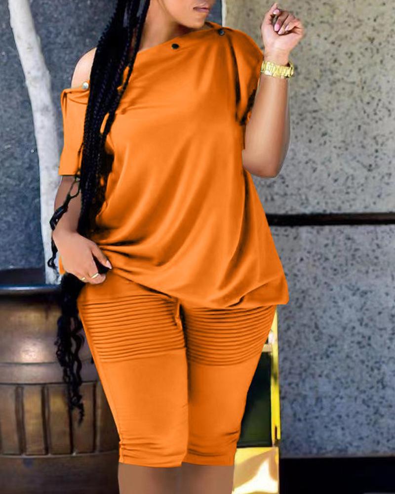 

Button Detail Oblique Shoulder Top & Shorts Set, Orange