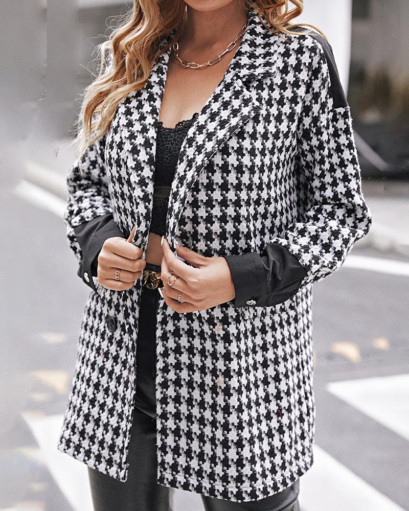 

Houndstooth Print Colorblock Button Design Blazer, Black&white