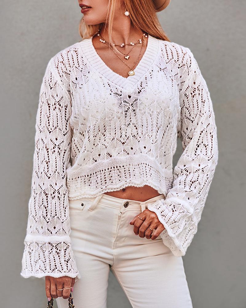 

Hollow Out Bell Sleeve Sweater, White