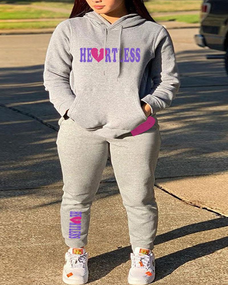 

Plus Size Letter Heart Print Casual Hoodie & Pants Set, Gray