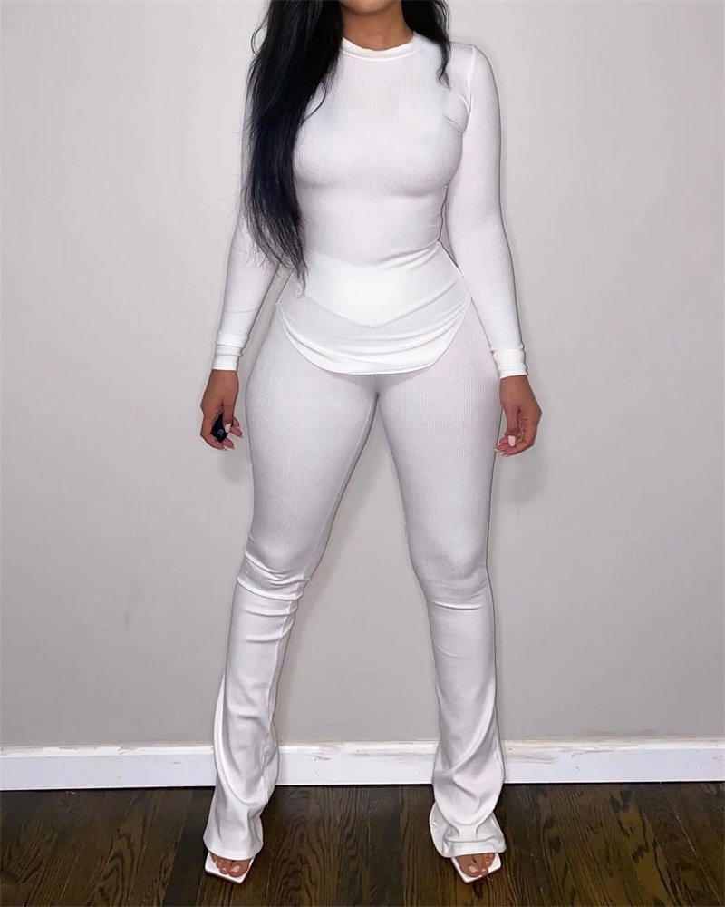 

Plain Long Sleeve Top & Pants Set, White