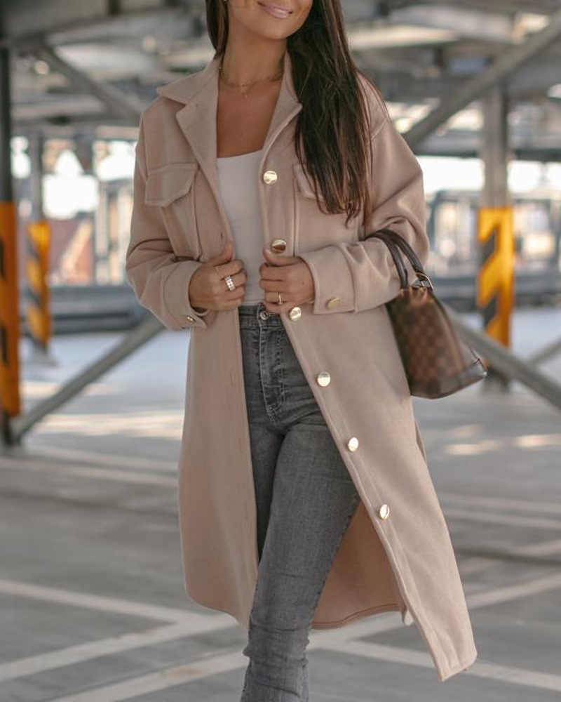 

Long Sleeve Button Down Belted Coat, Apricot