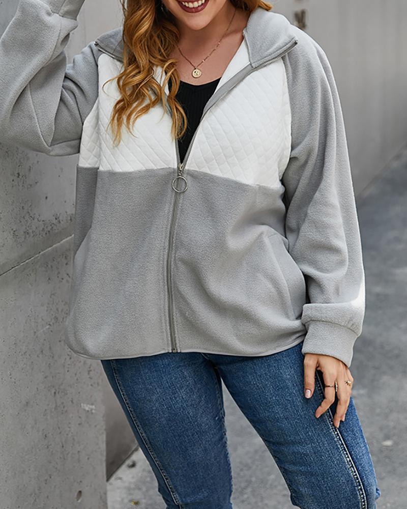 

Plus Size Colorblock Zipper Pocket Design Coat, Gray