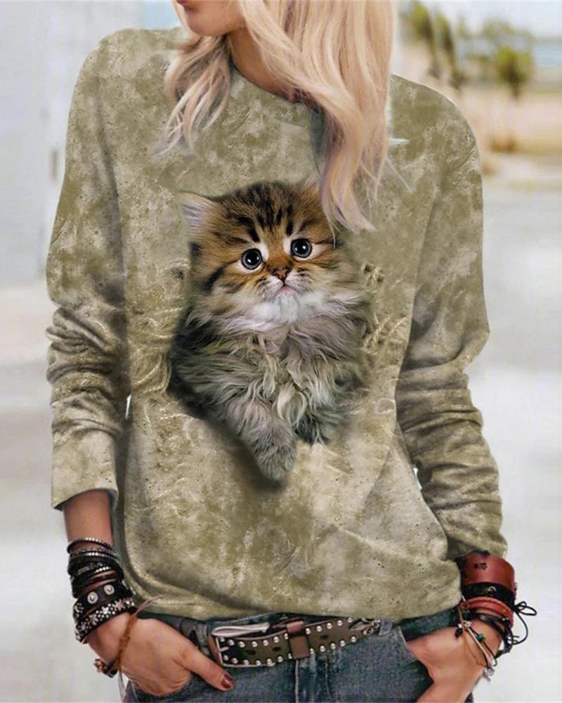 

Cute 3D Cat Print Long Sleeve Casual Top, Apricot