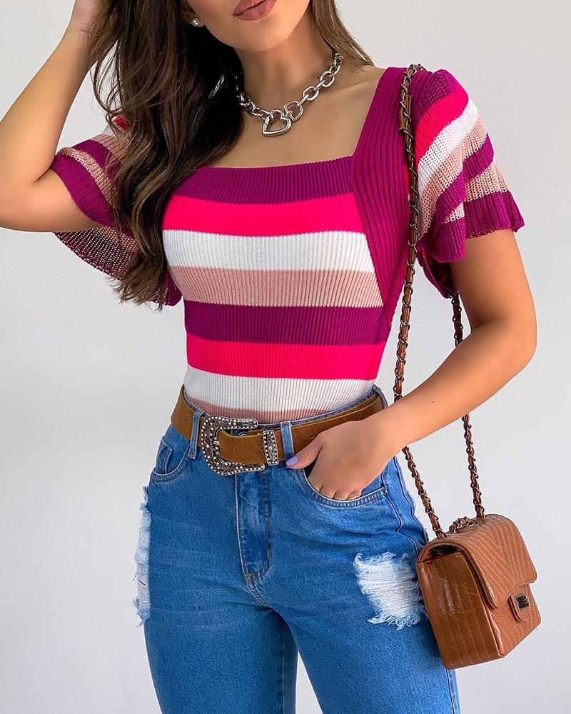 

Colorblock Striped Square Neck Knit Top, Multicolor