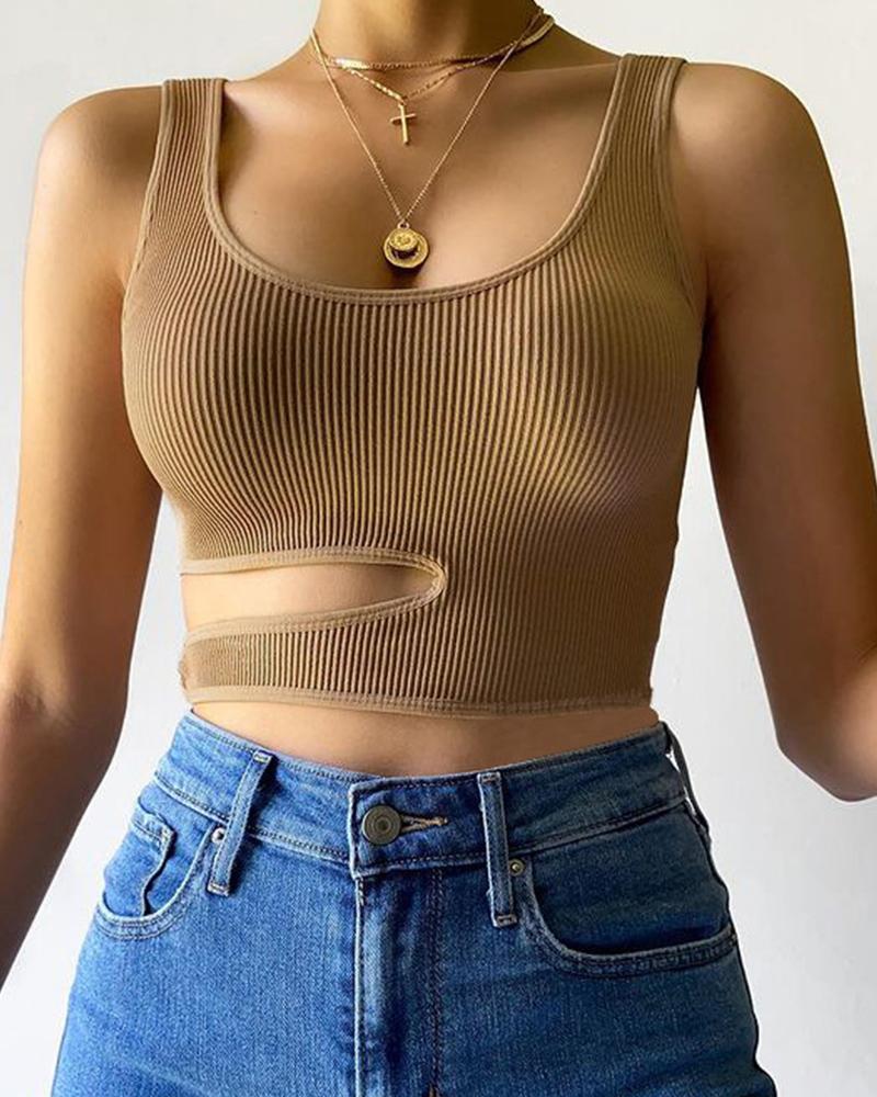 

Solid Color Cut-out Sleeveless Skinny Tank, Khaki