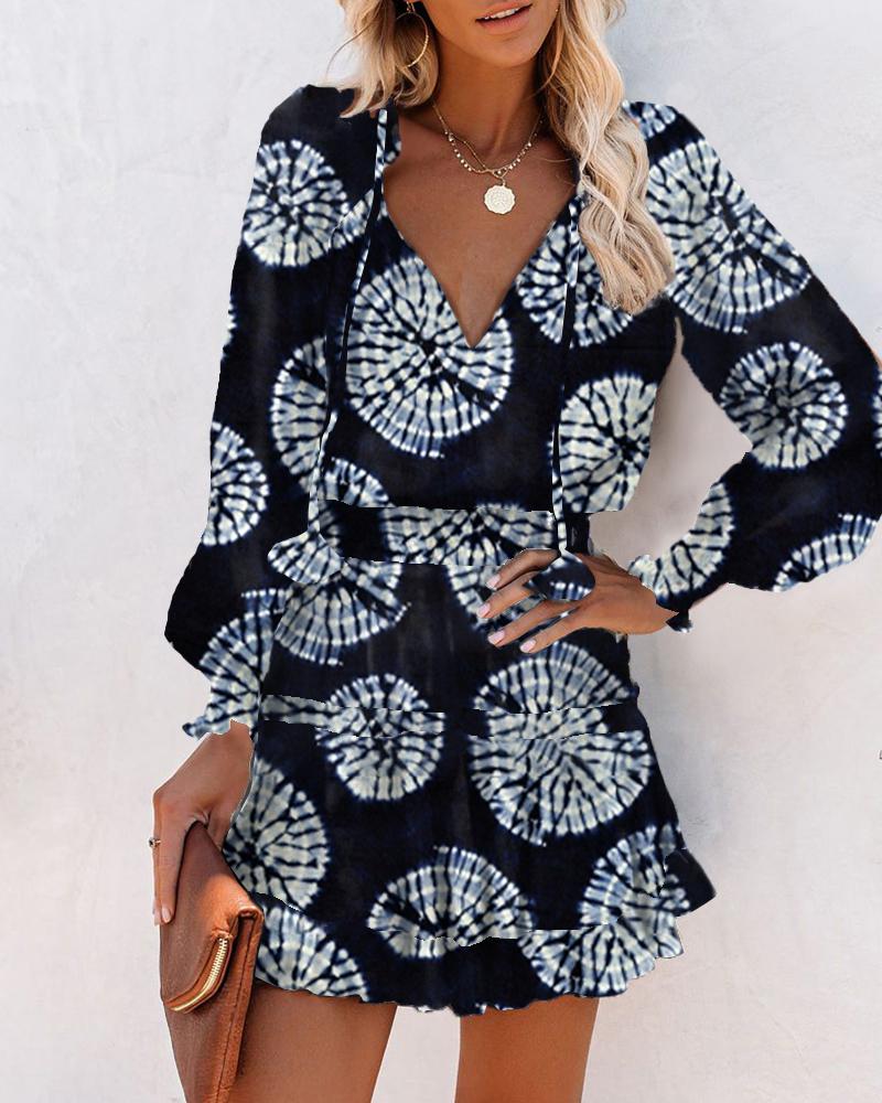 

All Over Print Skinny Waist Long Sleeve Mini Dress, Black