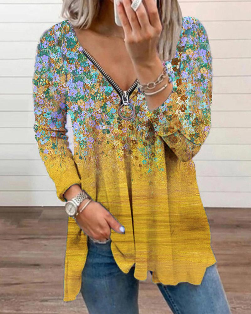 

Ditsy Floral Print Zipper Front Long Sleeve Top, Yellow