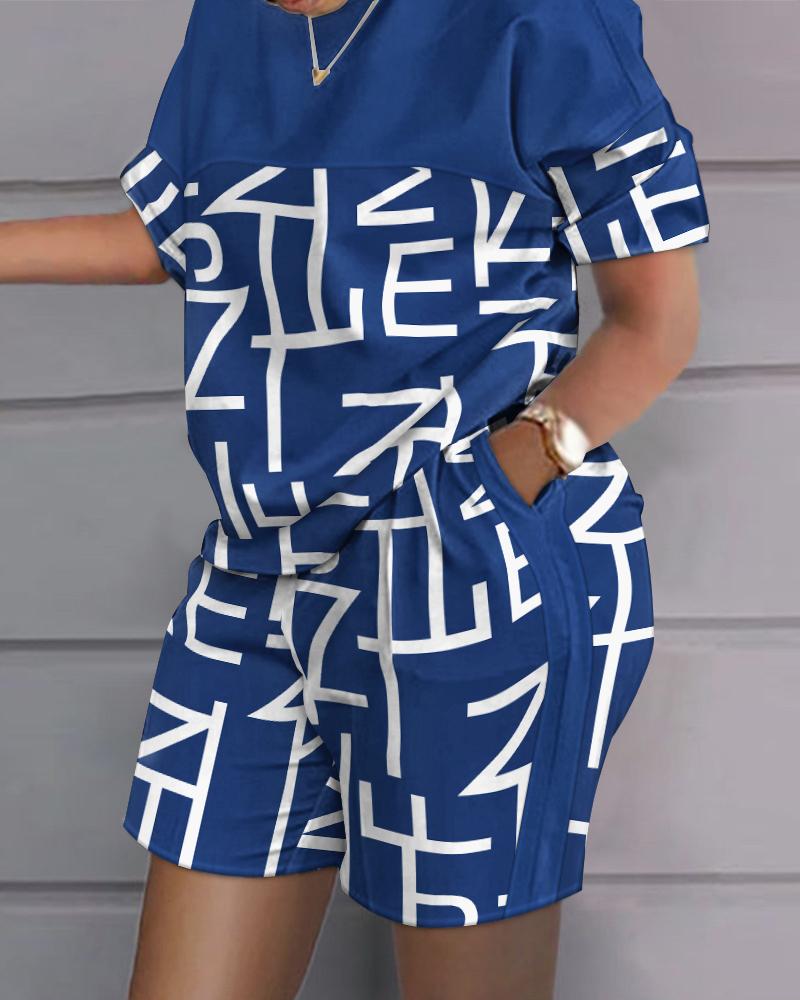 

Plus Size Letter Print Casual Top & Shorts Set, Blue
