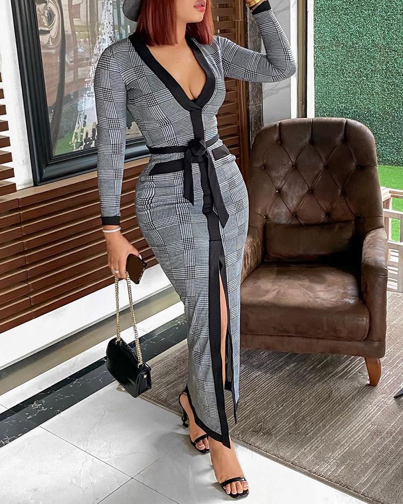 

High Slit Plaid Long Sleeve Plunge Maxi Dress, Gray