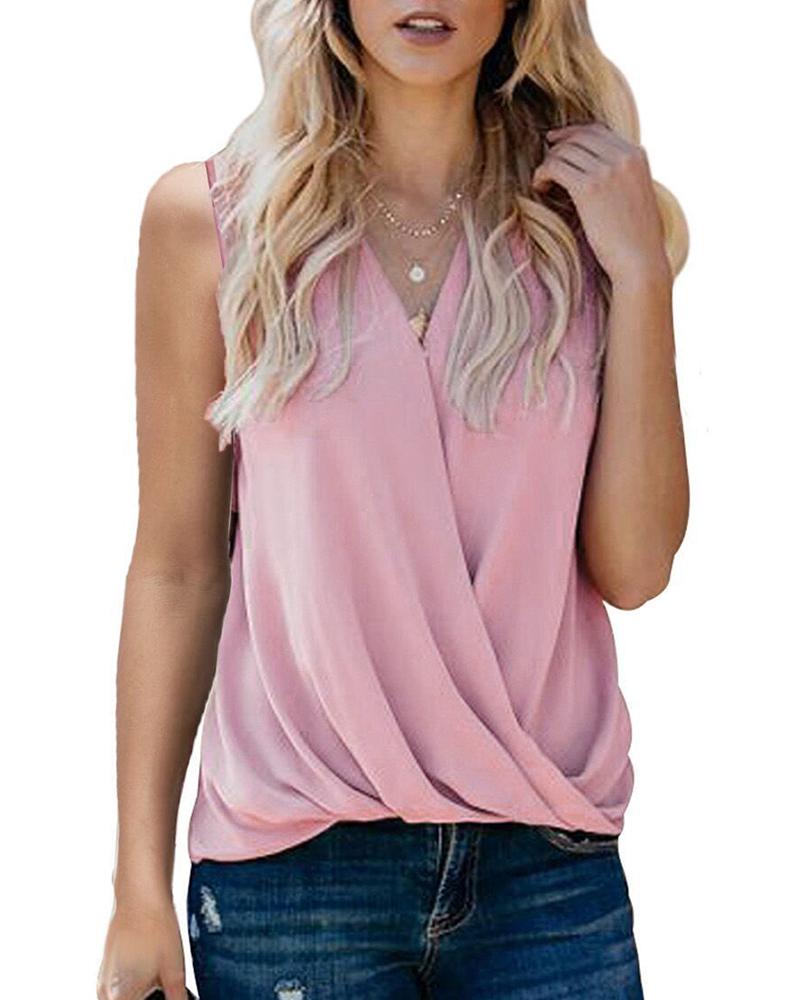 

Plain Ruched V-Neck Tank Top, Pink