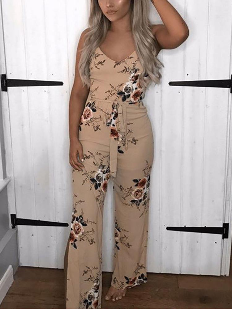 

Floral Spaghetti Strap Slit Wide Leg Jumpsuit, Khaki