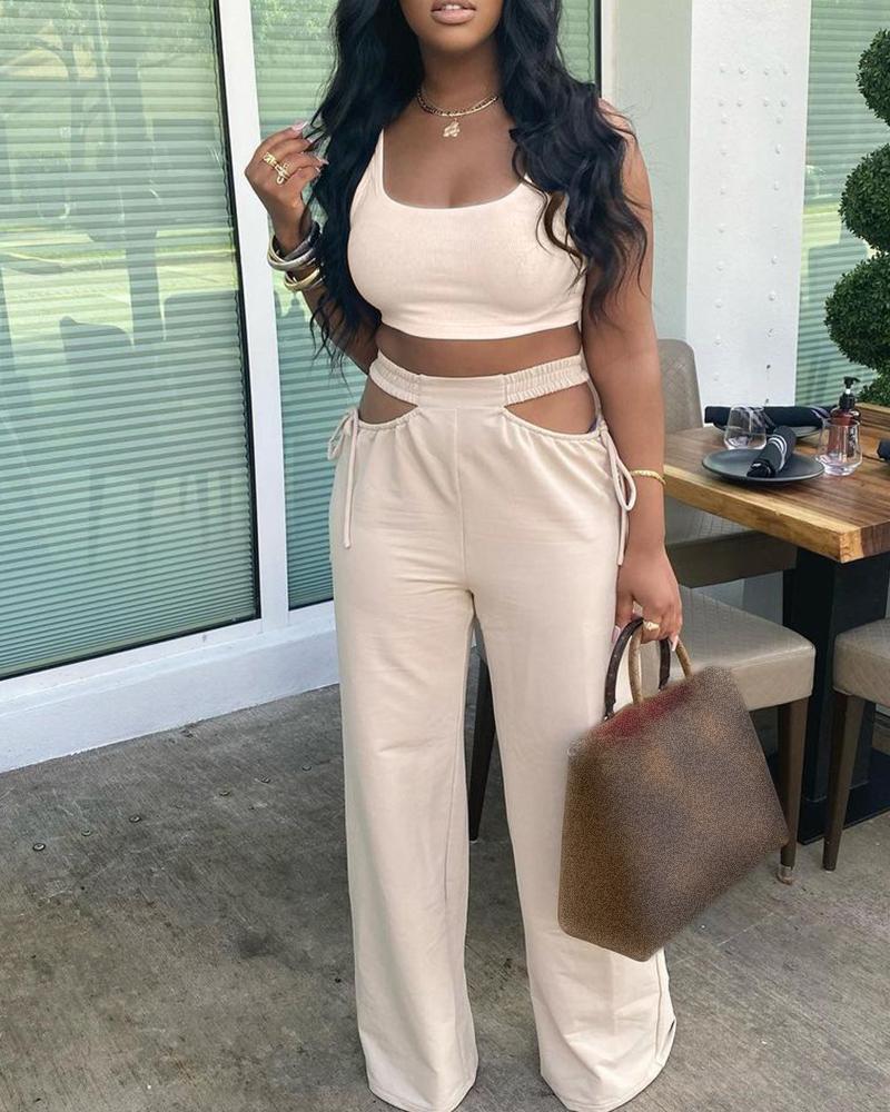 

U Neck Crop Top & Cutout Drawstring Pants Set, White