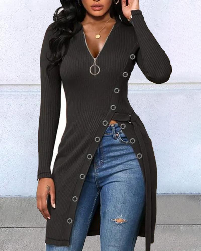 

Long Sleeve Zipper Design High Slit Top, Black