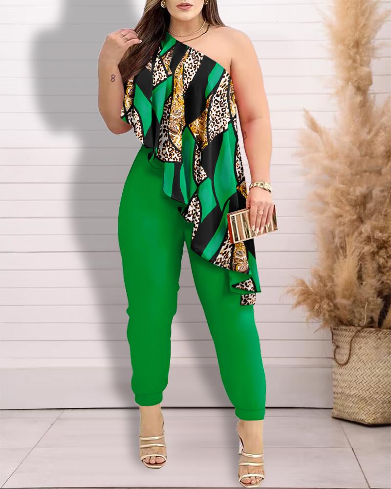 

Plus Size Baroque Leopard Print One Shoulder Ruffles Jumpsuit, Green