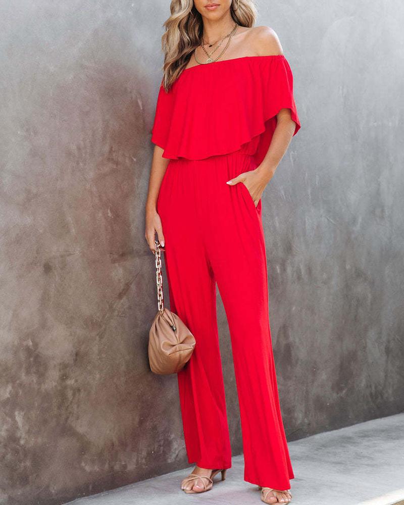 

Off Shoulder Ruffle Hem Jumpsuit, Red