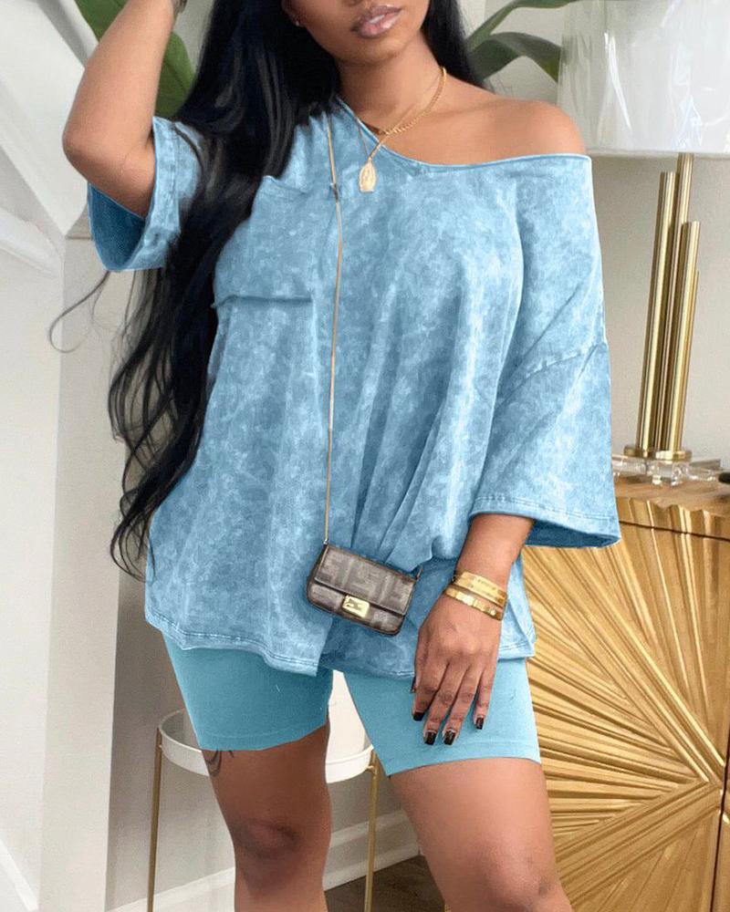 

Skew Neck Pocket Design Top & Shorts Set, Blue