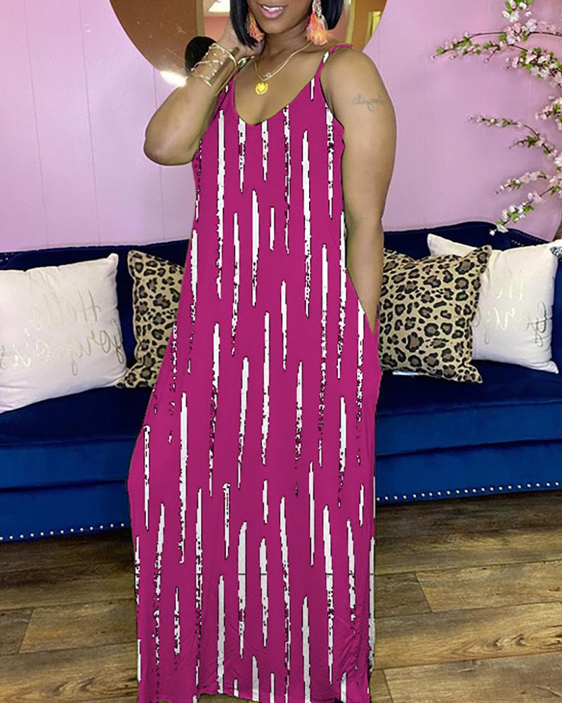 

Striped Colorblock Pocket Design Maxi Dress, Hot pink